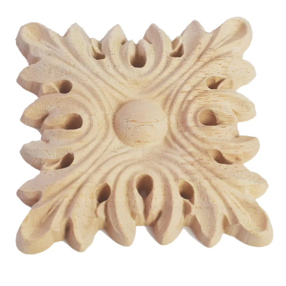 8cm New Flower Wood Carving Natural Wood Appliques for Furniture Cabinet Unpainted Wooden Mouldings Decal Decorative Figurine