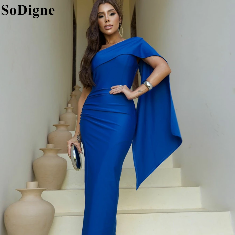 

SoDigne Elegant Royal Blue Evening Dresses One Shoulder Cape Draped Mermaid Tea Length Party Dress 2024 Prom Gowns for Women