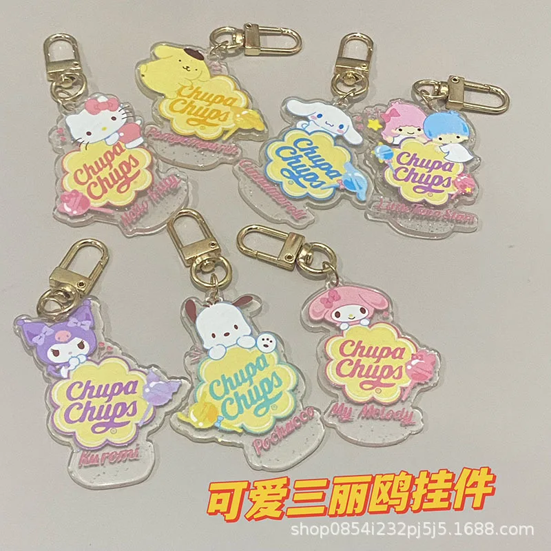 Lindo Llavero Acrílico de Sanrio Chupa Chups, Hello Kitty, Cinnamoroll, Adorno para Bolsa, Estilo Kawaii de Moda, Regalo para Parejas, Niñas