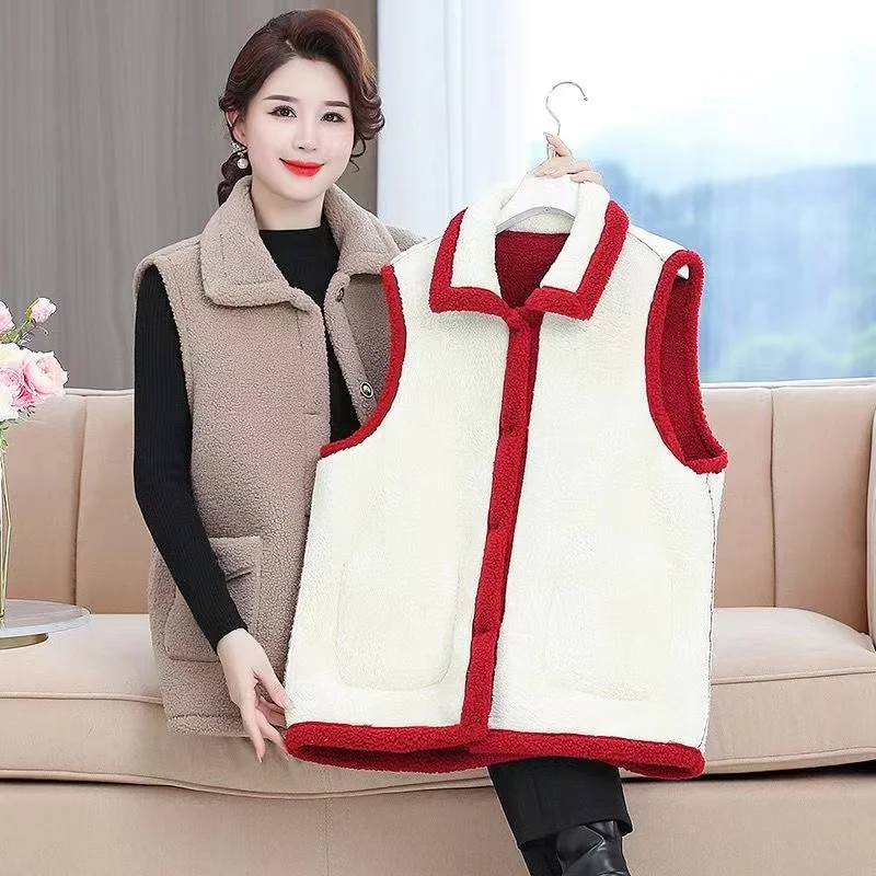 

Women Lamb Wool Vest Autumn Winter Jackets New Thicke Velvet Sleeveless Jacket Middle Old Age Female Waistcoat Large Size 8XL