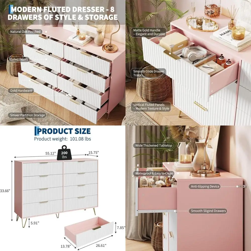 

8 Drawer Bedroom Storage Cabinet, 55 Wide, Wooden with Metal Handles, Pink