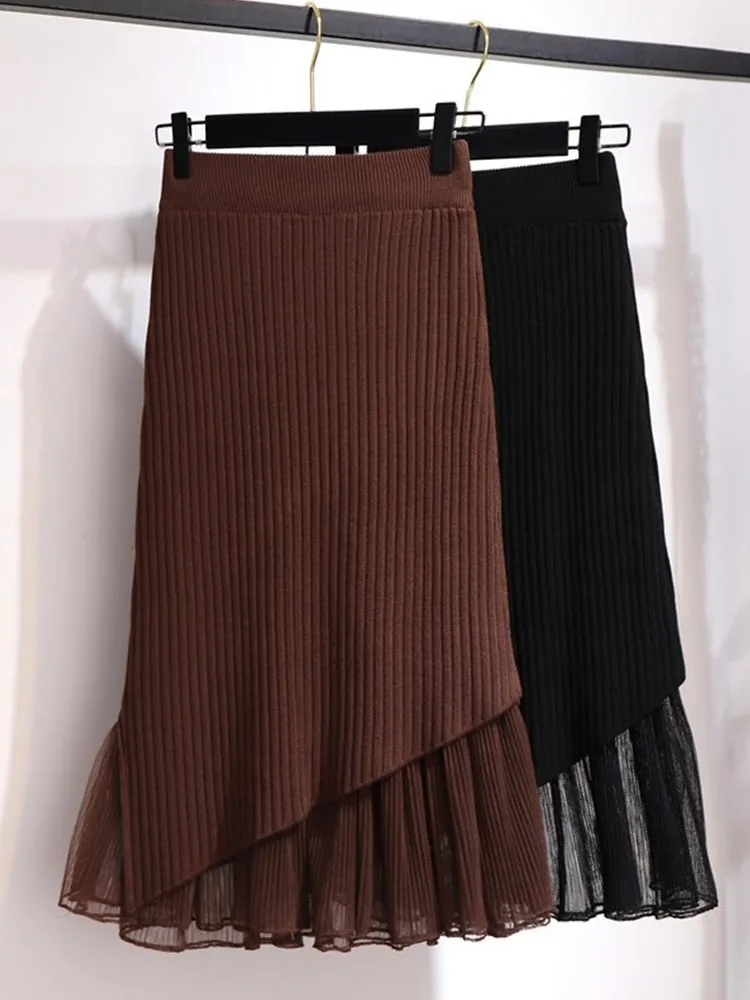 

Elegant Black Long Skirts Women Korean Fashion Clothing High Waist Autumn Winter Knitted Skirt