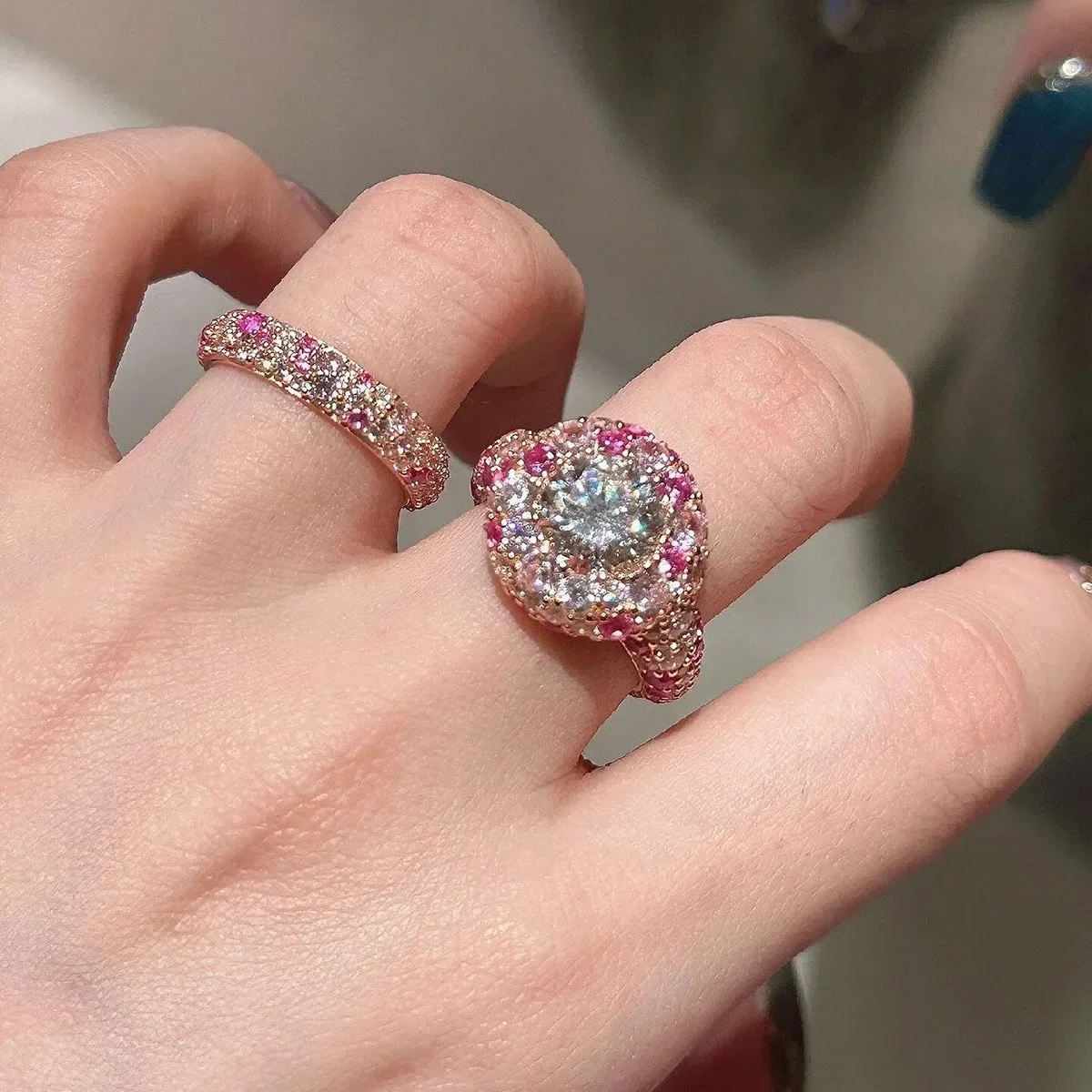 

High quality dazzling Gypsophila Pink Diamond jewelry sets Exquisite Gorgeous Round Ring Necklace Wedding Engagement Jewelry