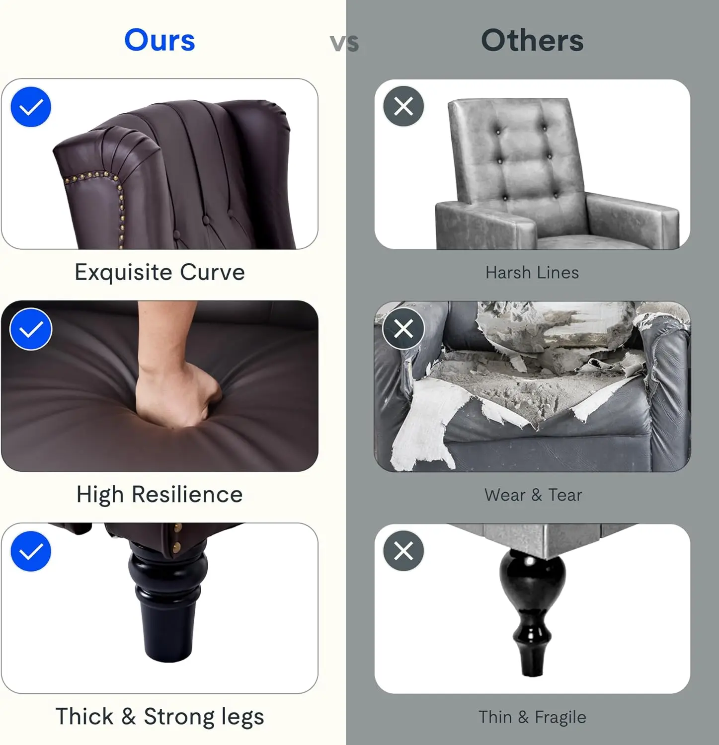 XC5 Pushback Recliner Chair, Tufted Wingback Armchair with Rivet Detail, White Fabric Accent Chair for Living Room, Bedroom, Stu