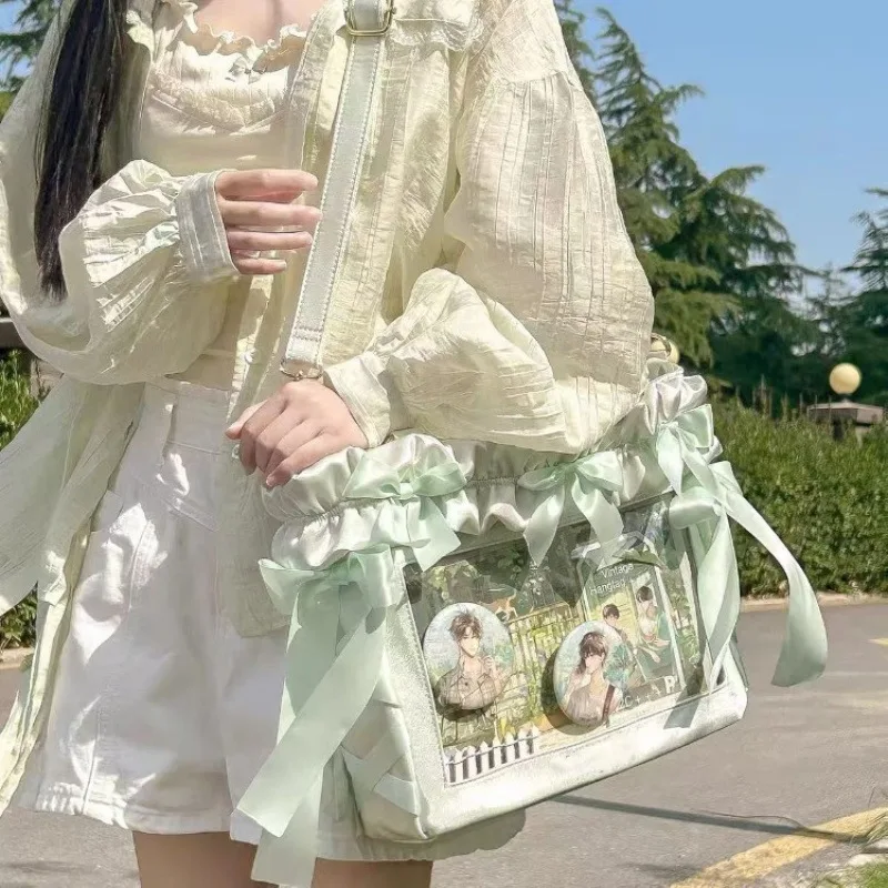 

2026 Kawaii Lolita Style Ita Bag Large Capacity Leather Handbag Transparent Window Bow Decor Shoulder Bag Anime Cosplay