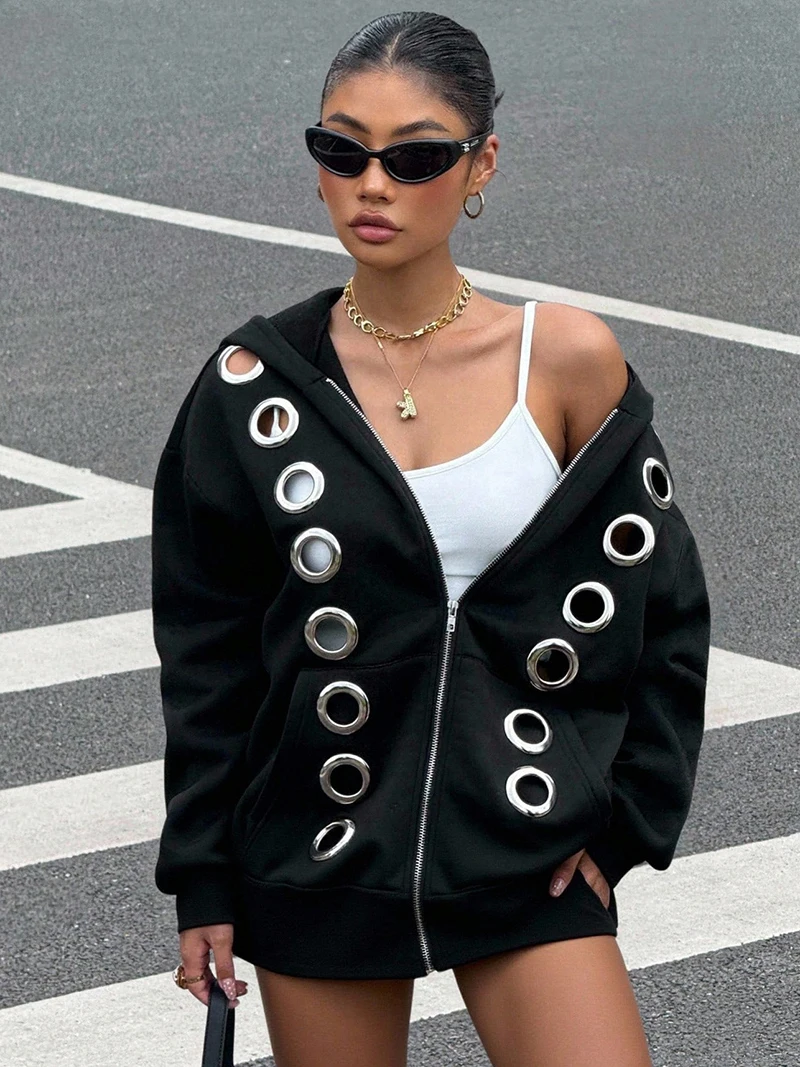 

American Style Hollow Metal Jacket Women's Long Sleeved Loose Hooded Sweatshirt Spring Autumn New Casual High Street Hoodies