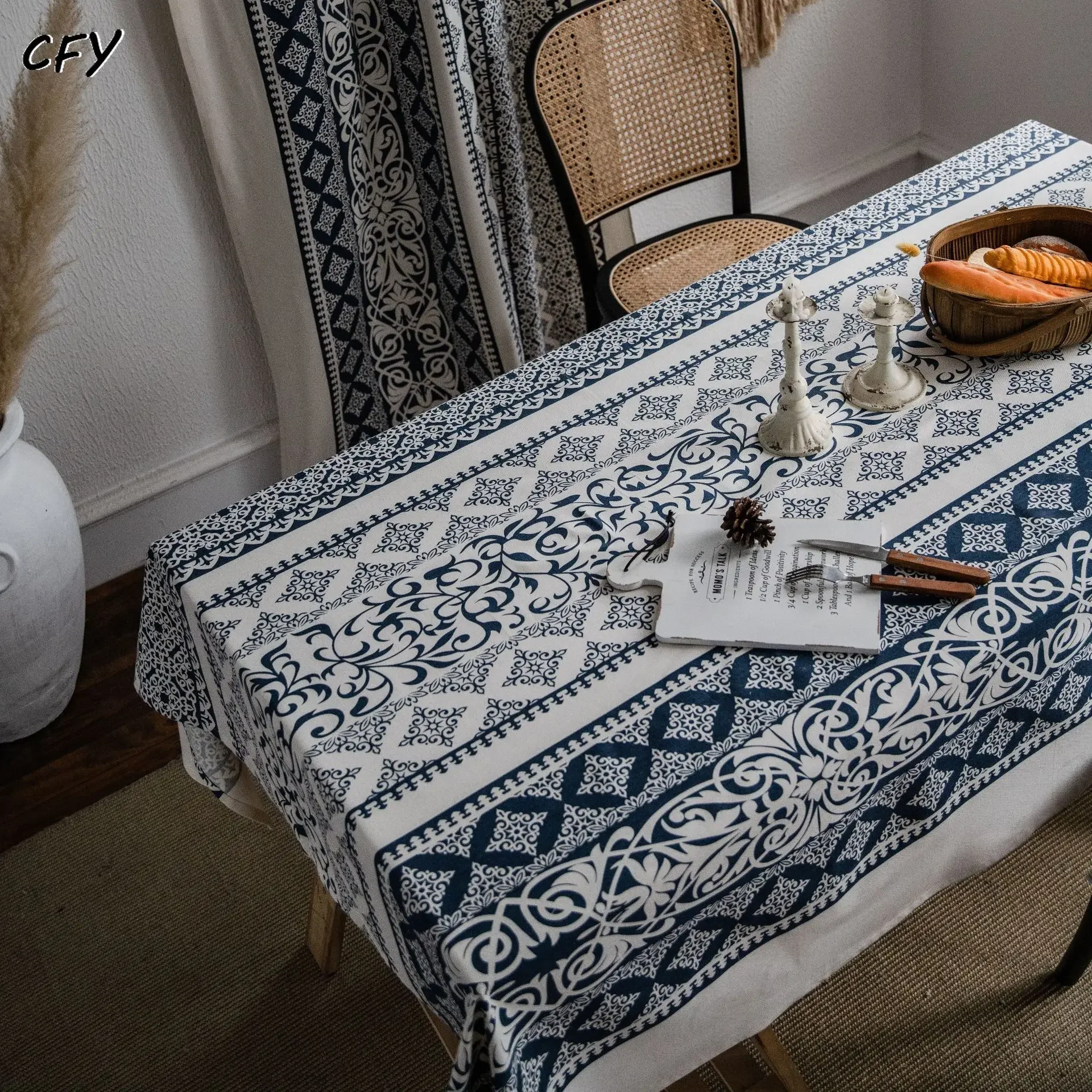 

Cotton Linen Modern Blue and White Porcelain Retro Rectangular Table Cloth Kitchen Table Map Towel Tablecloth Room Decoration