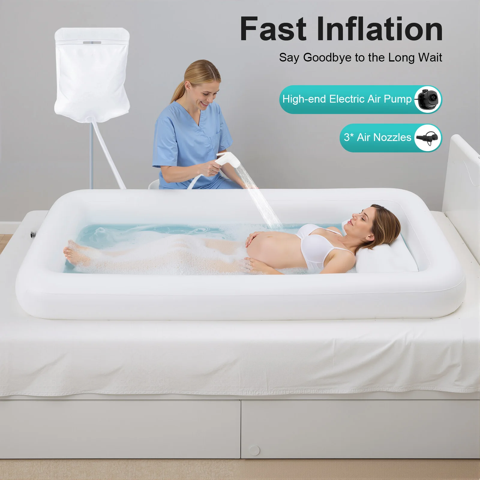 195*90cm Weiße Aufblasbare Badewanne mit Aufblasbarem Kissen, Elektrische Luftpumpe Erwachsenen-PVC-Badewanne, Bettseitige Dusch-Badezimmer-Ausrüstung