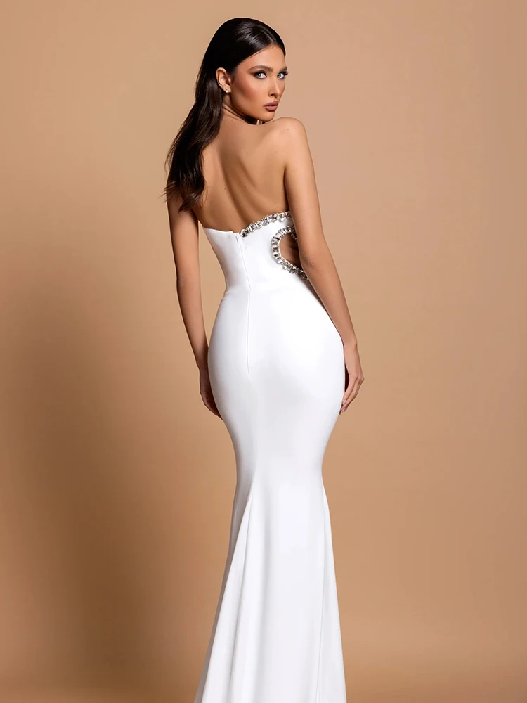 المرأة حورية البحر مثير الأبيض أكمام ضمادة فستان طويل شبكة عارية الذراعين حمالة الماس Bodycon حفلة سهرة فساتين الزفاف