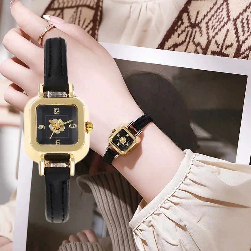 Vintage Camellia Square Compact Watch Women's Light Luxury High Beauty Watch Hands Quartz Watch