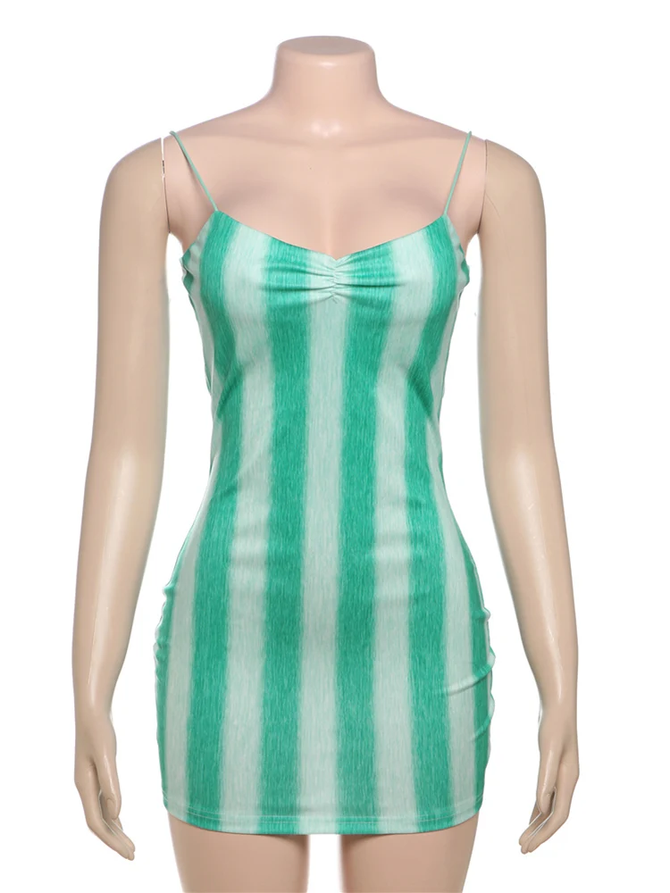 Weird Puss Striped Print Dress Women Spaghetti Strap 2025 Summer Trend Sleeveless Backless Pleated Beach Vacation Mini Bodycon
