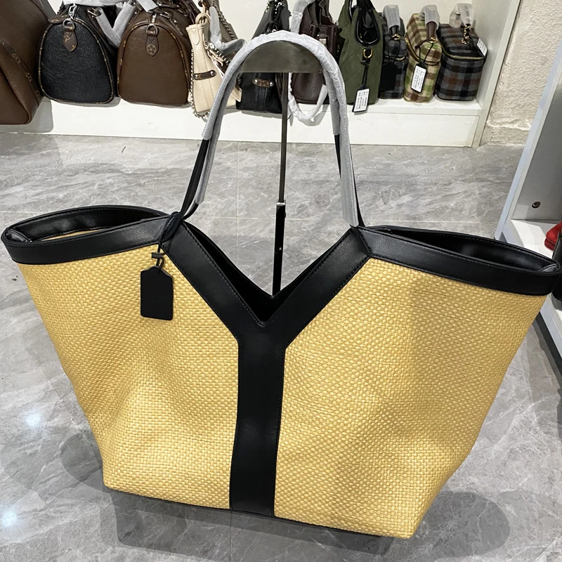 

Большая пляжная сумка-тоут для женщин, дизайнерская люксовая сумка и клатч, новинка 2026 года, из травяного трикотажа, большая вместимость, на плечо/подмышку