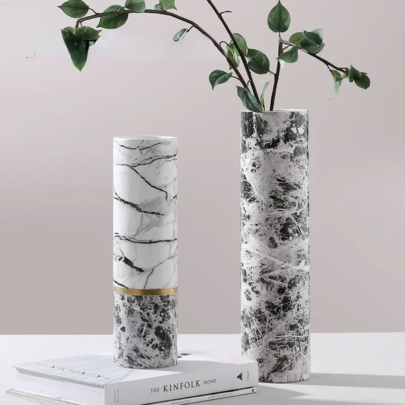 Home Straight Tube Marble like Ceramic Vase Home Model Room Soft Decoration Flower Arrangement