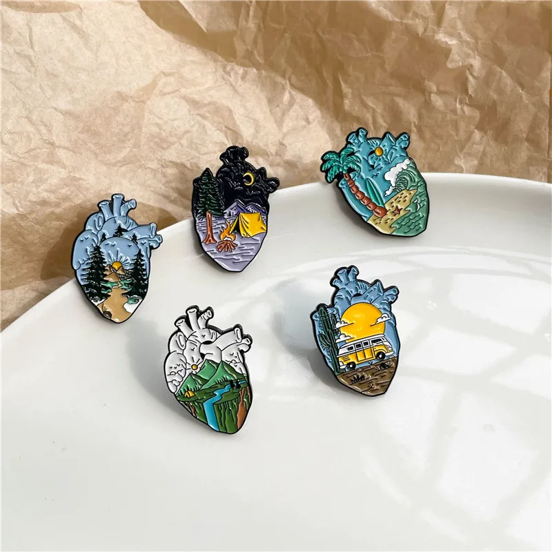 Outdoor Mountains Heart Enamel Pin Cartoon River Forest Travel Camping Figure Body Organ Metal Brooch Lapel Badge Friends Gift