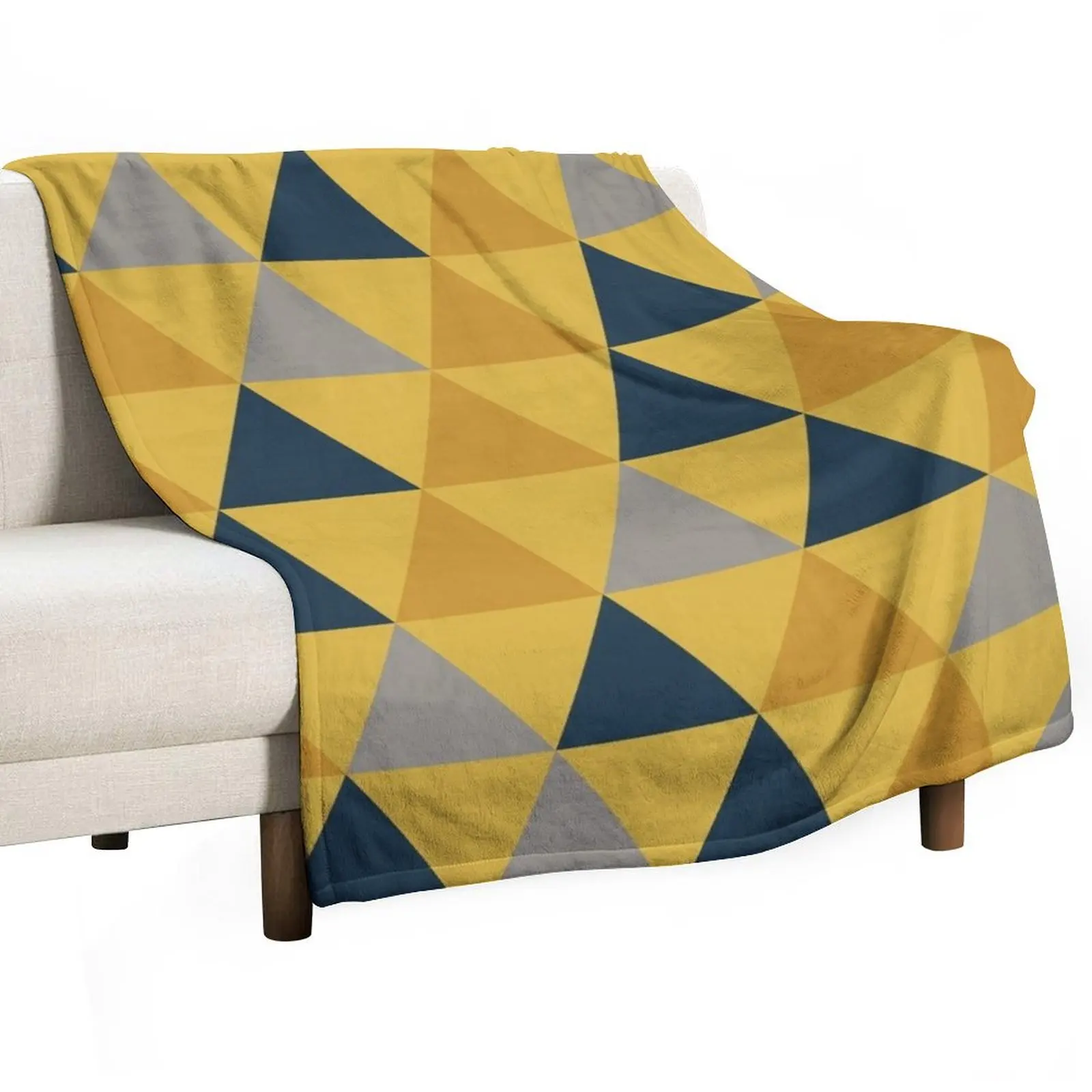 Triangular: Dark Mustard Yellow, Light Mustard Yellow, Navy Blue, and Grey Minimalist Geometric Pattern Throw Blanket