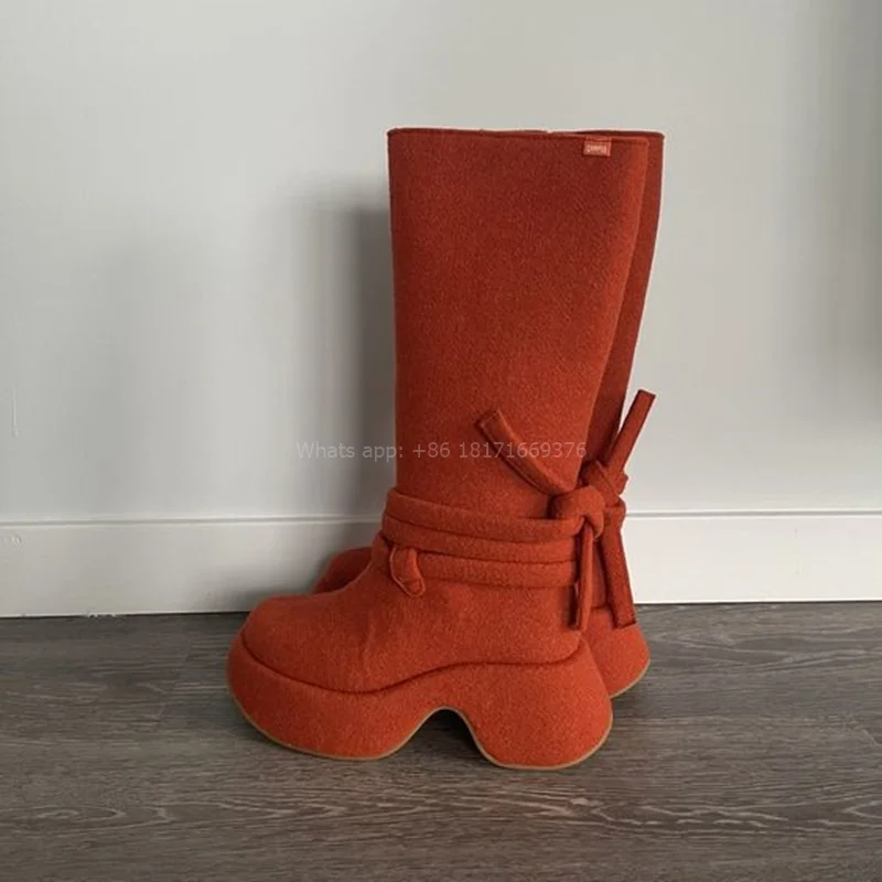 

Cute Suede Orange Platform Design Boots Round Toe Mid-calf Zip Wedges Warm Boots High Heel Shoes Dress 2024