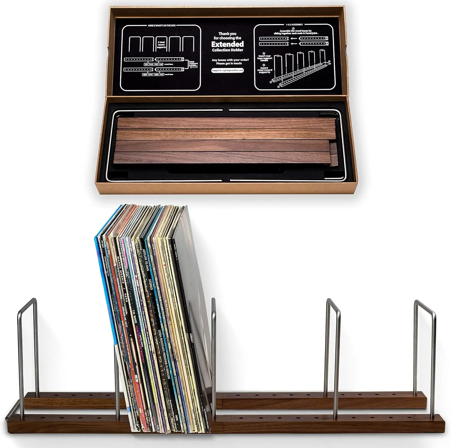 

Vinyl Record Storage Holder for LP Collection, Solid Walnut Base with Steel Supports, Holds Up to 150 Albums