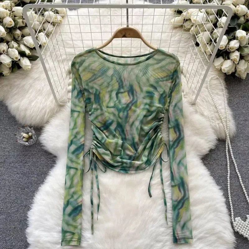 

Tie Dye Drawstring Slim T Shirts Summer New Long Sleeve O-neck Net Yarn Thin Lacing Trend Tops Tees Casual Fashion Women Clothes