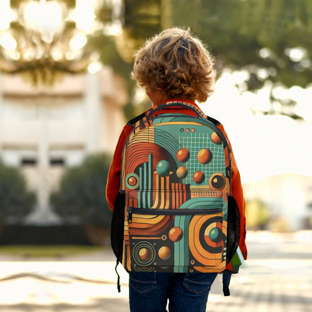 Nostalgische Retro Futurisme Abstract Ontwerp Bedrukt Lichtgewicht Casual Jeugdrugzak Schooltas Voor Kinderen