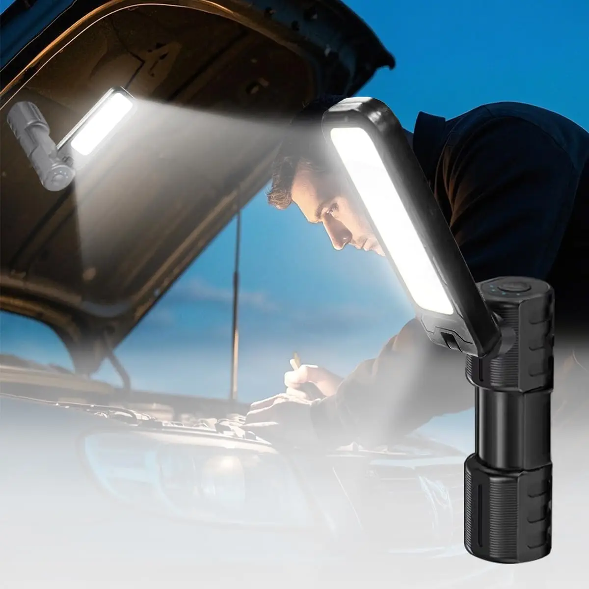 

Перезаряжаемый налобный фонарь COB с магнитным 4-уровневым затемнением 180 ° Вращающаяся аварийная лампа Портативный рабочий фонарь для кемпинга