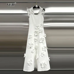 VGH Spliced Ruffles Elegant Dresses For Women Square Collar Sleeveless Backless High Waist Patchwork Appliques Long Dress Female