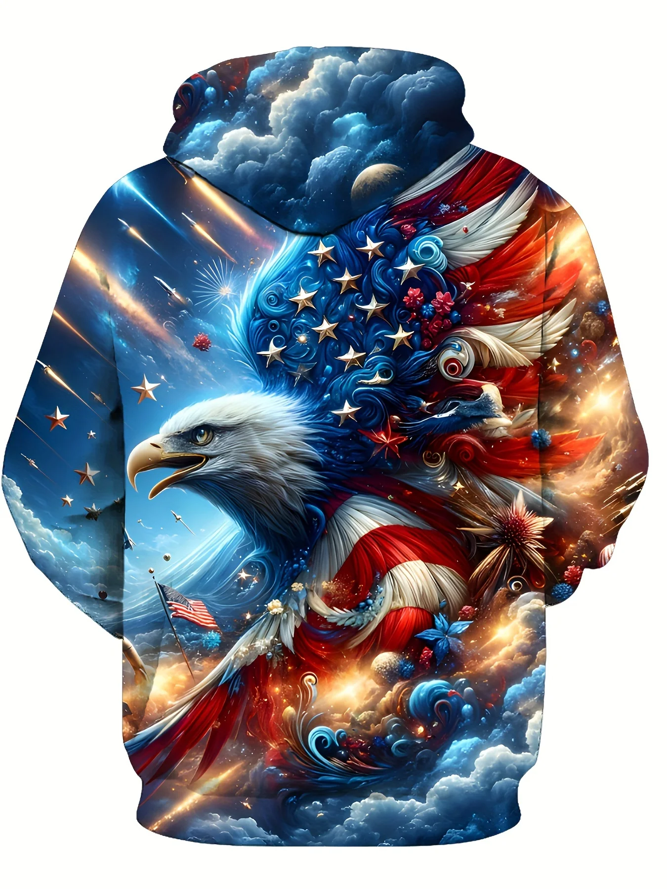 سويت شيرت بغطاء للرأس بأكمام طويلة للرجال من Street Sport Style، بلوفر فضفاض بطباعة رسومات النسر العصرية مع جيوب