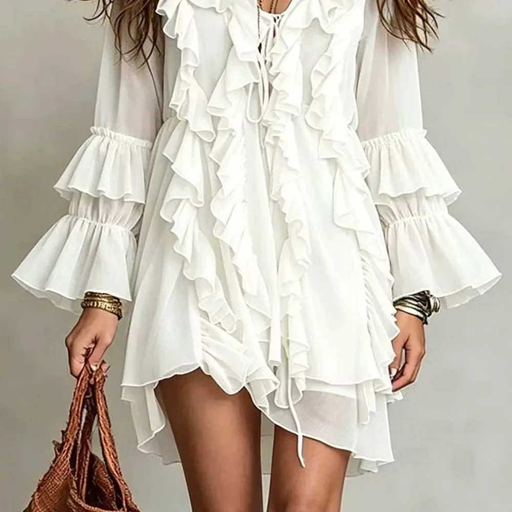 Women's Bohemian Chiffon Mini Dress Elegant Layered Ruffles V-Neck Long Flare Sleeve Lace-Up Casual Vacation Chic Short Dresses