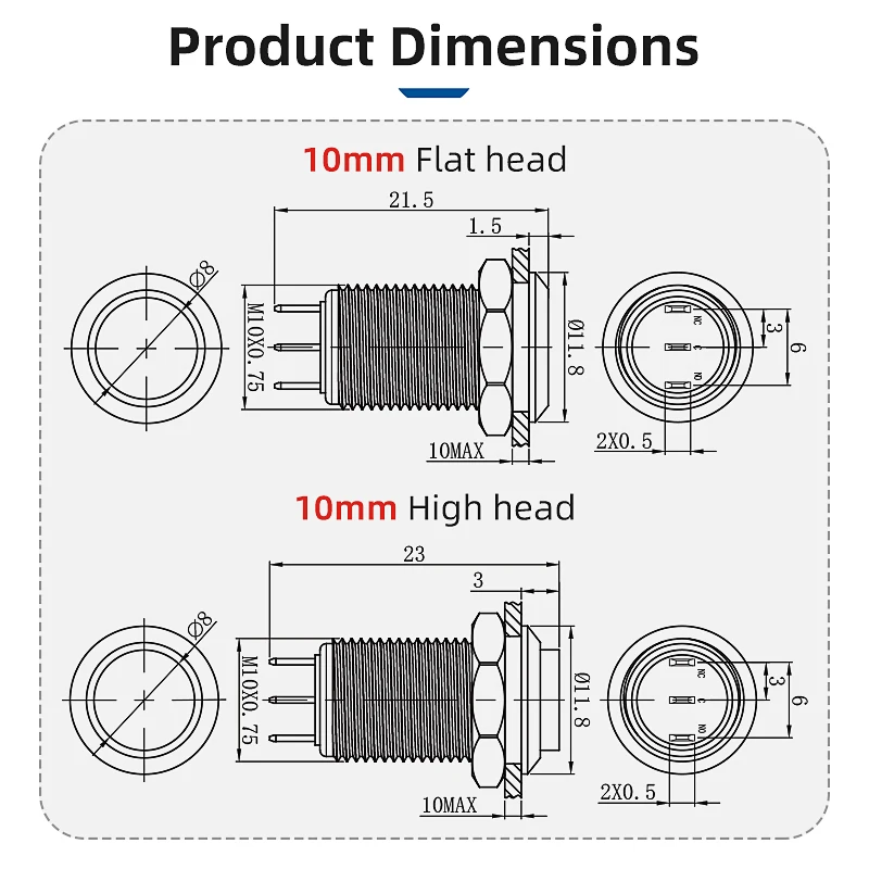 Interruptor de botón de 10mm, interruptores redondos momentáneos/enganches de acero inoxidable SPDT, interruptor de Metal resistente al agua de 3 pines para electrónica de Metal