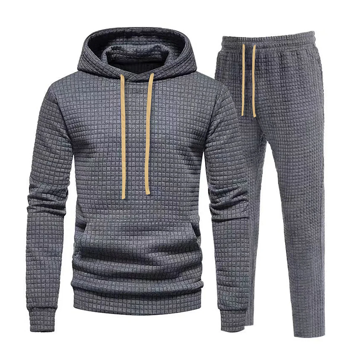 

2-Piece Spring New Men's Waffle Set, Hooded Pullover with Drawstring Design, Casual Sports Outdoor Daily Wear