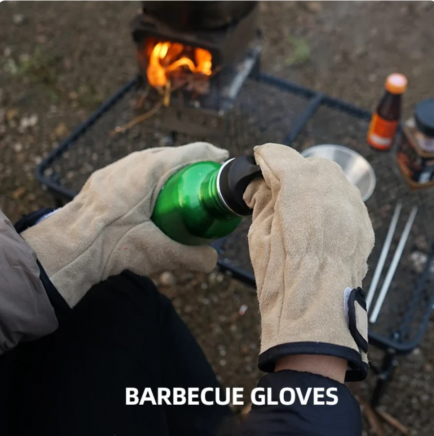 Leather Fire Resistant Heat Resistant Gloves Outdoor Barbecue Heat Resistant Wear Resistant Cooking Oven Gloves Two Layer