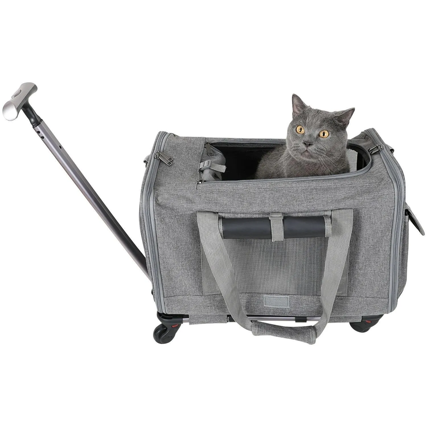 Double-Compartment Pet Rolling Carrier Cat Dog Rolling Carrier with Detachable Wheels Telescopic Handle Adjustable Shoulder Stra