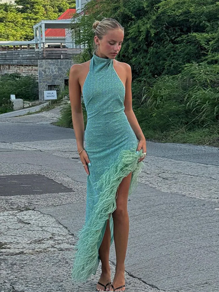 Fashion Irregular Spliced Feather Hem Halter Dress Women Sexy Sleeveless Backless Slim Long Dresses 2024 New Female Party Gowns