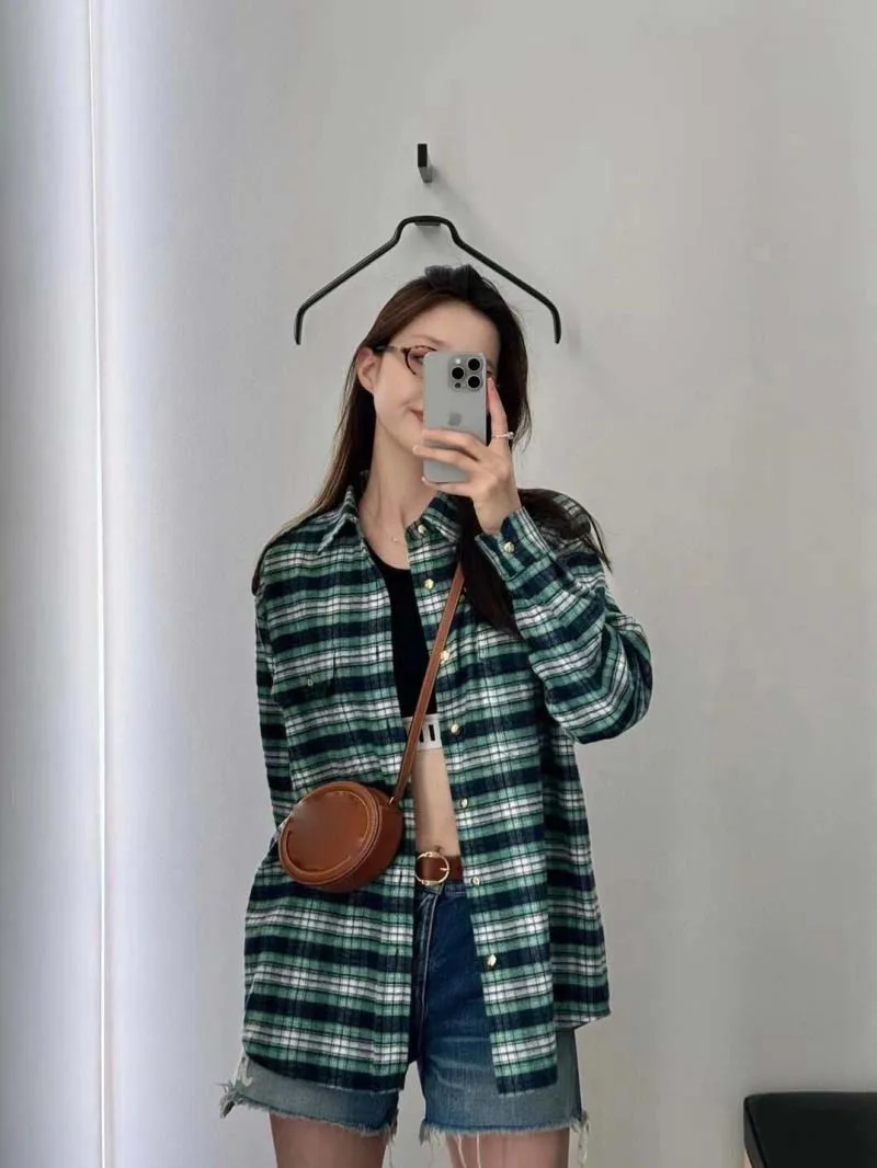 

American women's shirt, fashionable, simple, loose, slimming, reverse college style, contrasting color, checkered shirt