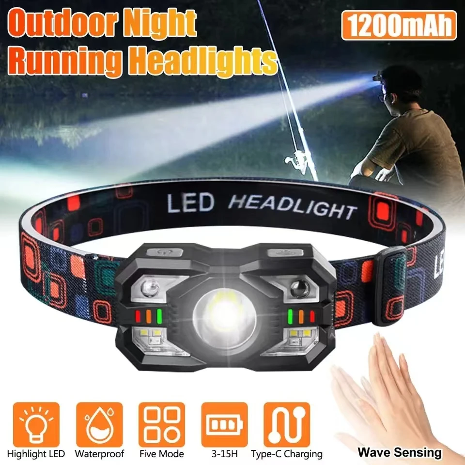 Most Powerful LED Headlamp Induction Type-C USB Charging Headlight Waterproof Head Lamp Lightweight Upgrade-LED Head Flashlight