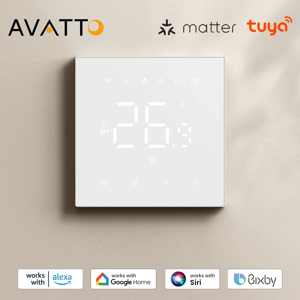

Умный термостат AVATTO Tuya Matter, Wi-Fi, электрический контроллер для подогрева пола, водяной/газовый котел, поддержка HomeKit Alexa Google Home