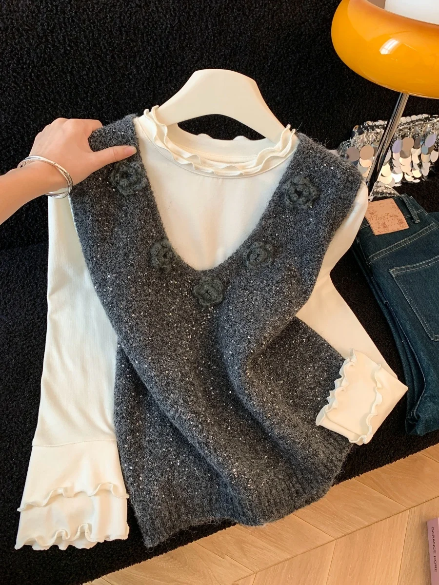 

Ретро 3D-топ с цветочным узором, вязаный жилет с V-образным вырезом, женский осенне-зимний комплект из двух предметов: удлиненный свитер и базовое нижнее белье, для повседневной носки