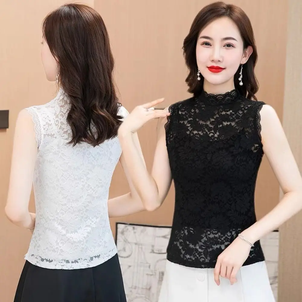 Elegant Half High Collar Floral Tank Tops Elastic L-3XL Lace Shirt Black White Sleeveless Vest Women Girls