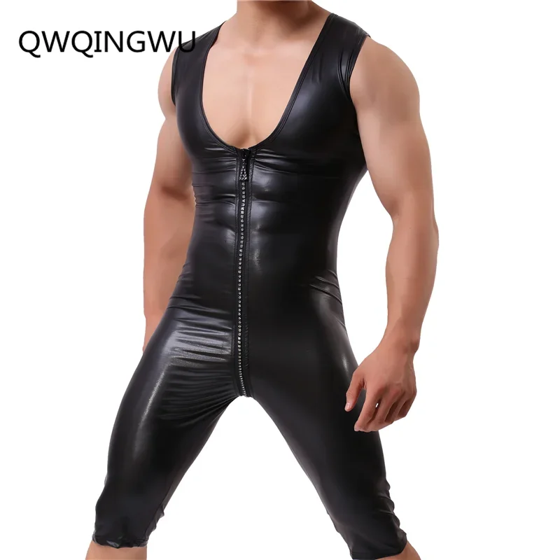 PU Faux Leather Tight Body Underwear Men Shapers Sexy Singlet Bodysuit Wrestling Leotard Male Casual Zipper Underwear Shaper