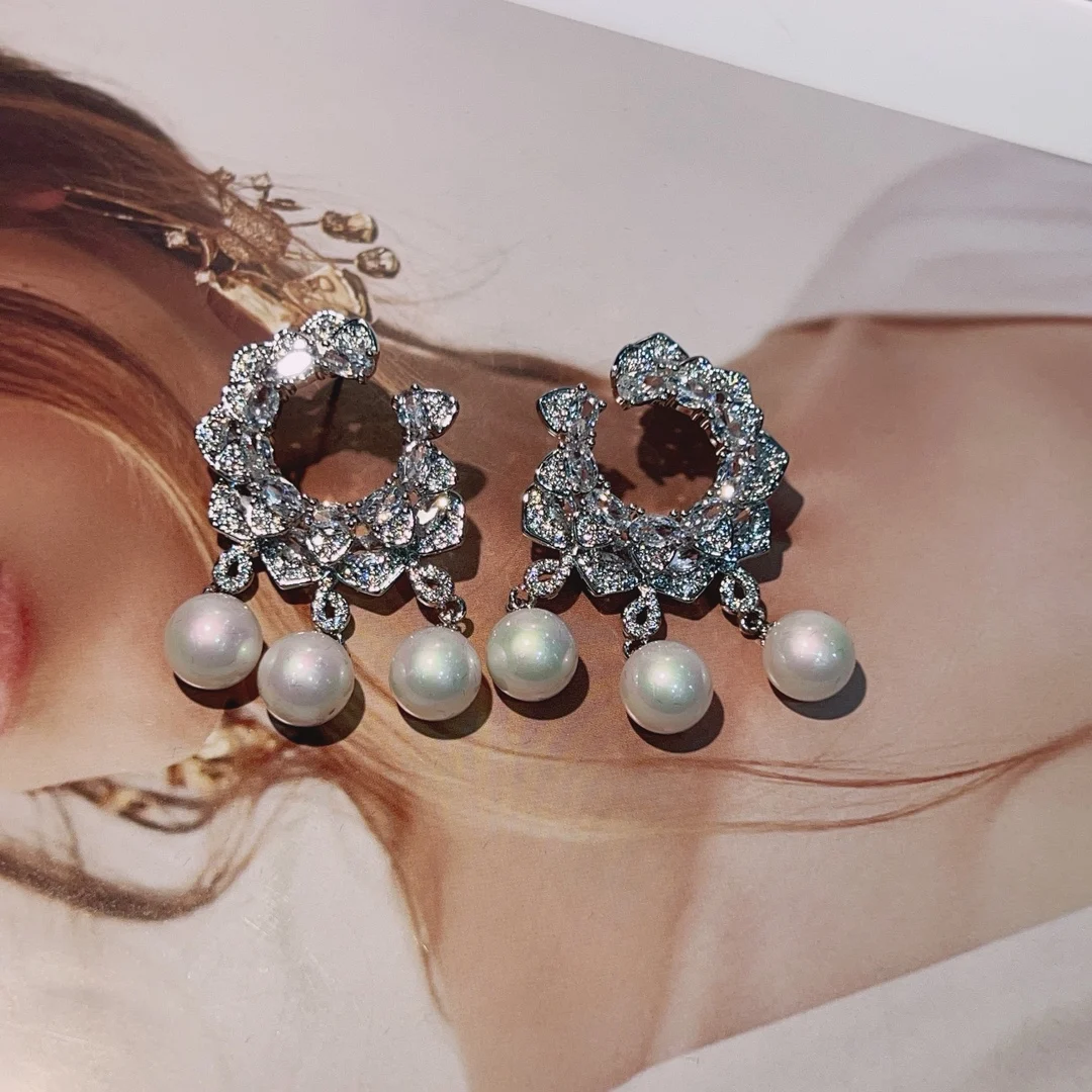 

HIBRIDE Light luxury tassel shaped pearl C-shaped multicolor zircon white earrings women's jewelry set party wedding gift E167