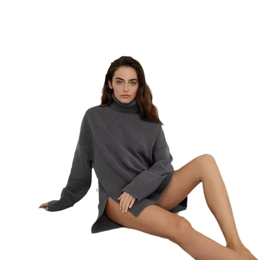 Frauen Reine Farbe Rollkragen Pullover Pullover Europäischen Und Amerikanischen Stil Neue Schlitz Lose Gestrickte Herbst Winter Top