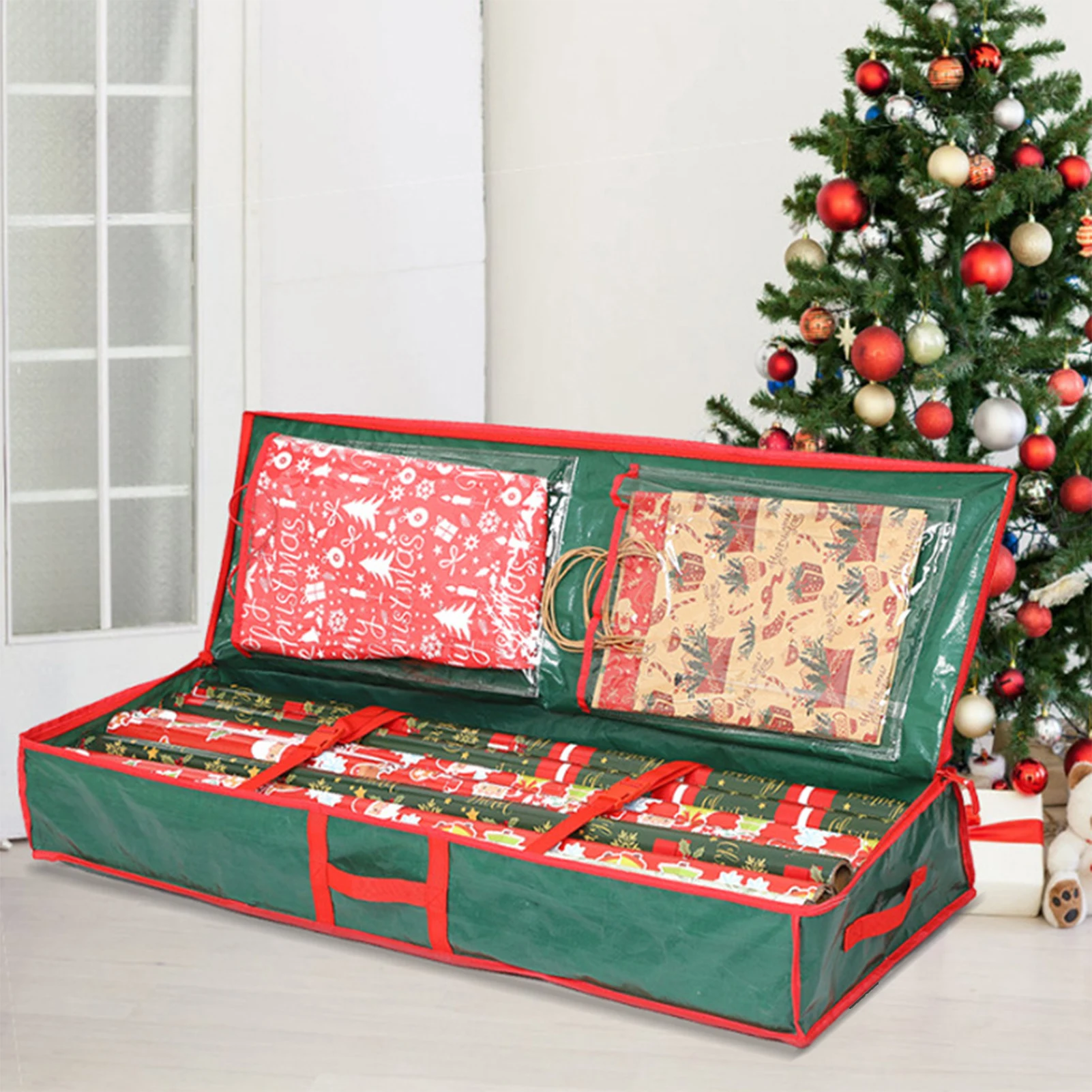 Christmas Wrapping Paper Storage Box with Flexible Partitions and Pockets Box Great for Storing Craft Supplies