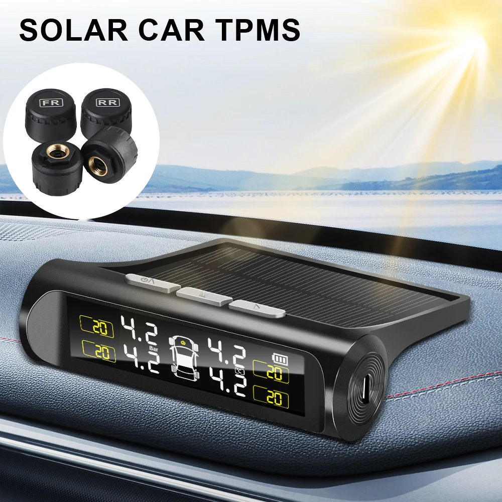 Solar Power Car TPMS Tyre Pressure Monitoring System 2025 Digital LCD Display Tyre Pressure Auto Security Alarm External Sensor
