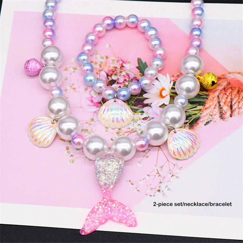 2/5Pcs Children Girls Princess Fashion Cartoon Cute Mermaid Tail Pearl Necklace Bracelet Ring Earrings Set Girls Baby Accessorie