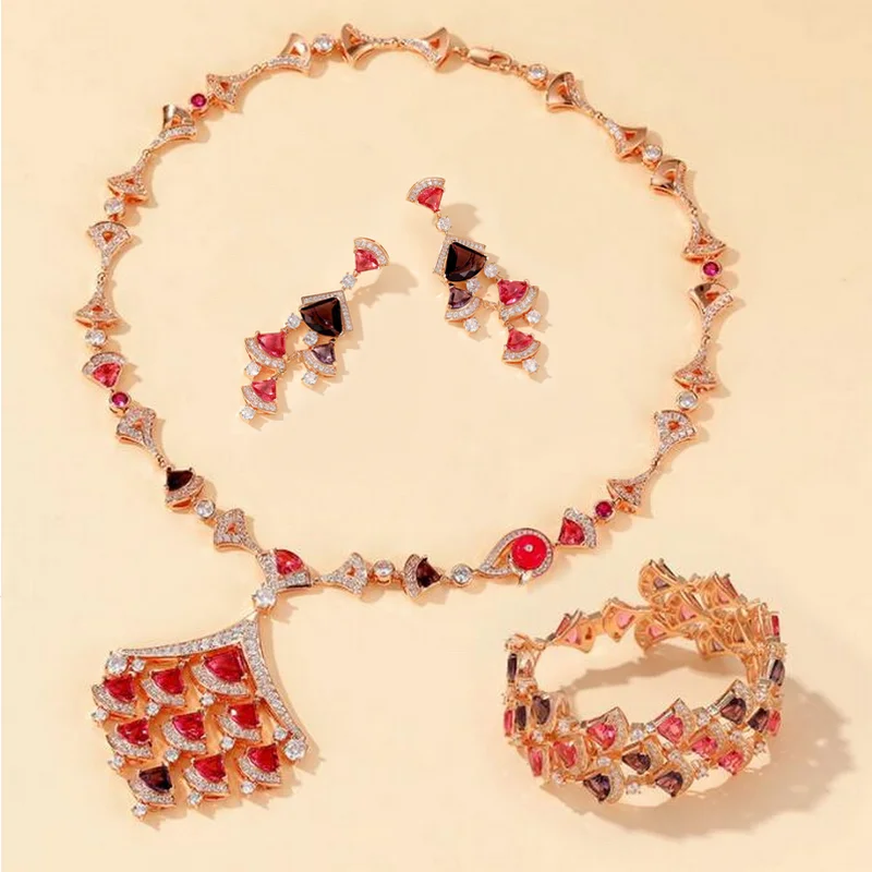 

Designer Collection Necklace Bracelet Earrings Women Lady Inlay Colored Cubic Zircon Tassels Plated Rose Color Jewelry Sets