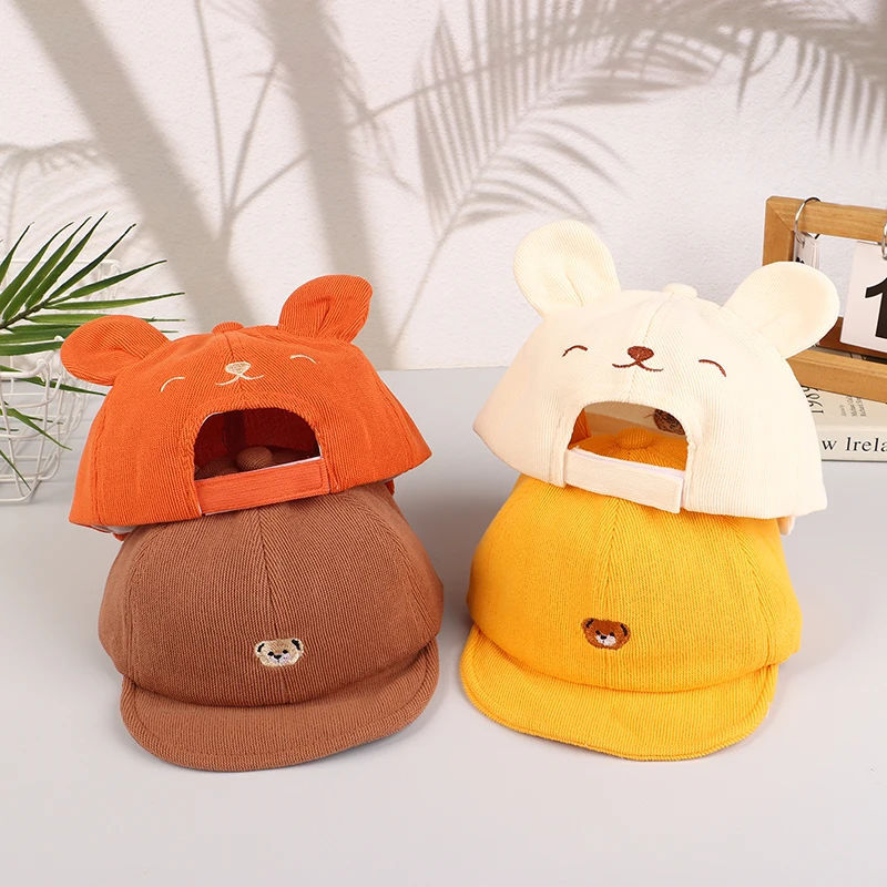 Cute Cartoon Bear Baby Baseball Hat With Ears Adjustable Solid Color Infant Peaked Cap Spring Summer Kids Cotton Sun Hats