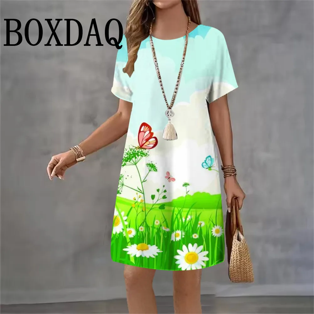 

Женское богемное платье трапециевидной формы с цветочным принтом, летнее свободное платье с короткими рукавами и цветочным узором, женская одежда, повседневное платье Y2K
