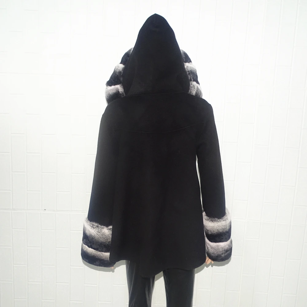 Double faced wool Short coat women wool hood coat real fur 100% wool handmade Real wool coat girl real fur