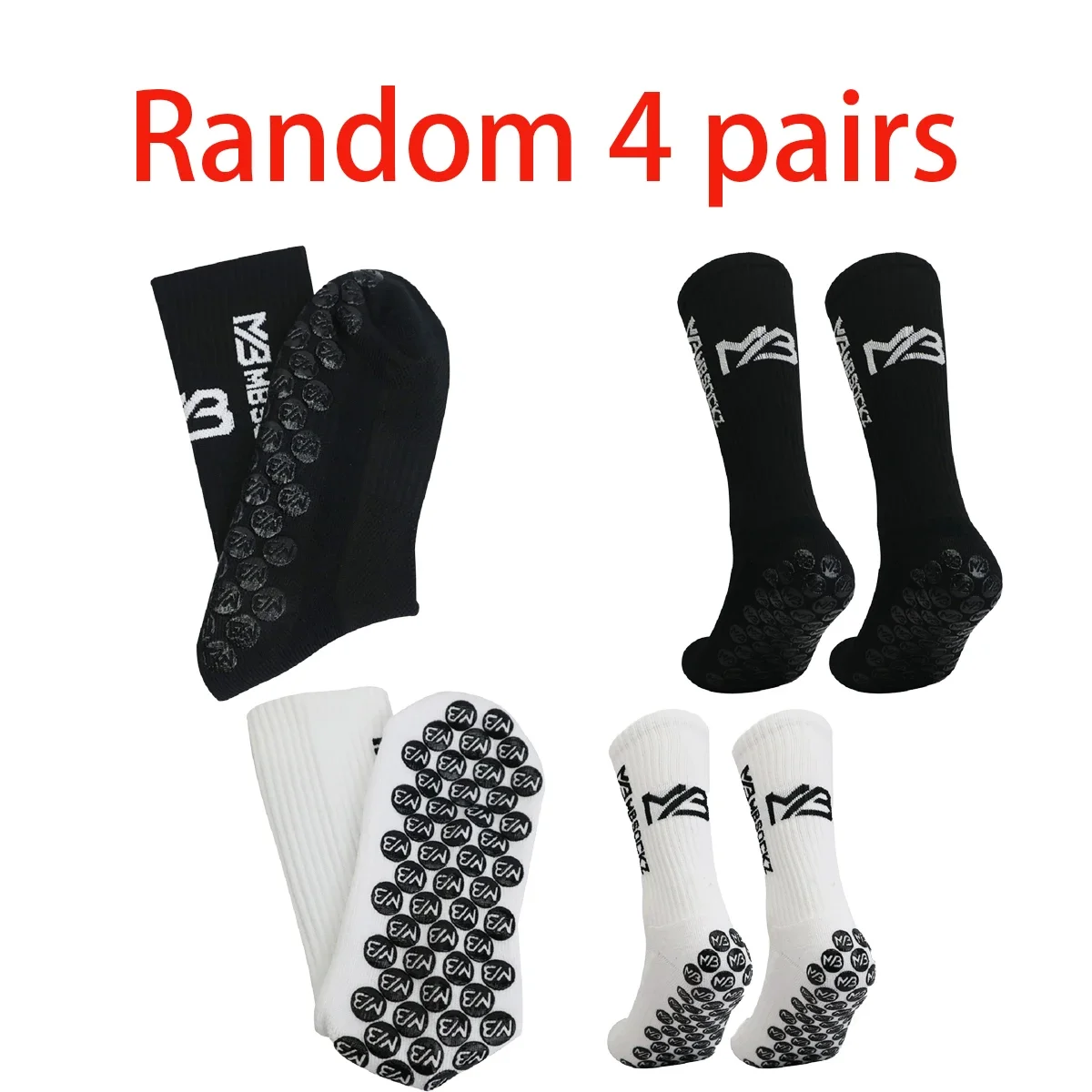 

Four pairs of new breathable sports football socks with round silicone anti-slip are randomly selected