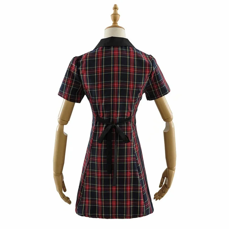 Summer Fashion Short Sleeve Burgundy Tartan Print Ladies Dress 2023 Street Wear Navy Blue Center Button Ladies Dress Vestidos