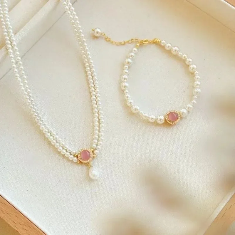 Charm Pearl Jewelry Sets for Women Fashion Temperament Pink Blossom Powder Zircon Pendant Necklace Ring Earrings Wedding Gifts